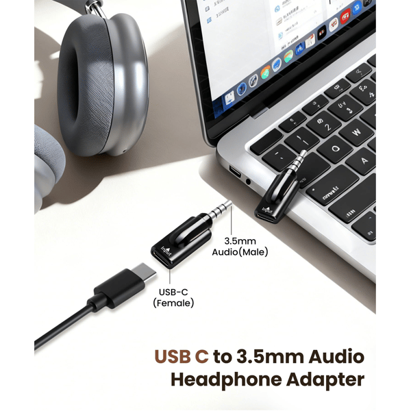 USB-C til 3,5 mm lydadapter til hovedtelefoner, pc, tablet, bærbar computer, mikrofon, højttaler (2-pak)