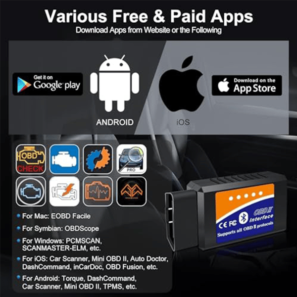 OBD2 Bluetooth-scanner Auto Diagnostic Tool til iOS Android Windows, Bilkodelæser OBDII-adapter med nulstillingsfunktion, Motorlyskontrol til Torq
