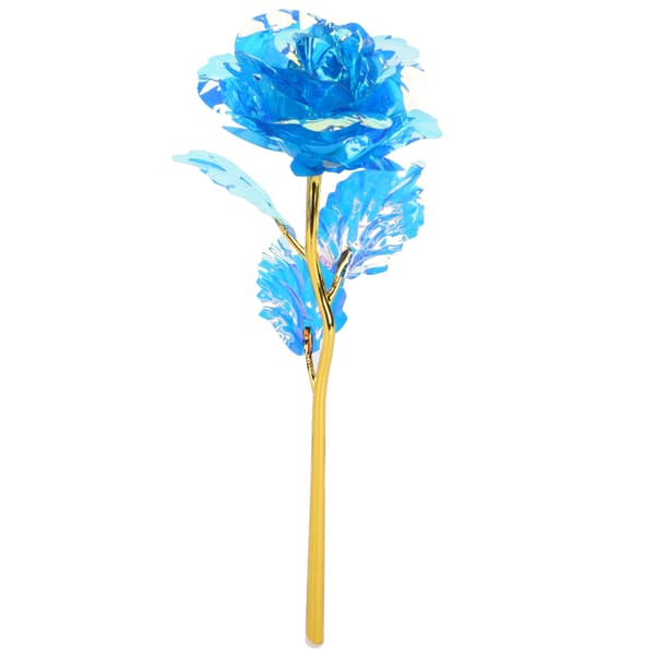 Blå rosblomma i kärleksformad displayställ, lila förpackningslåda, transparent hantverkssamling