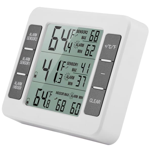 Digital trådlös kylskåpstermometer med hörbart larm, 2 sensorer, min/max-display