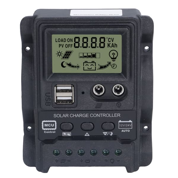 Solpanel PWM-controller 12V/24V 10A Dobbelt USB LCD-display ABS Lysstyring 130W/260W