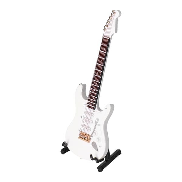Mini elektrisk basgitarr modell vit med stativ för dockhus heminredning