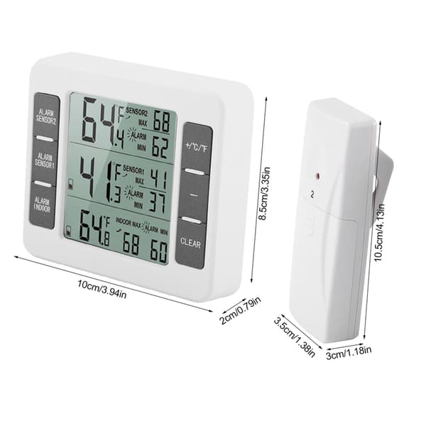 Digital trådlös kylskåpstermometer med hörbart larm, 2 sensorer, min/max-display