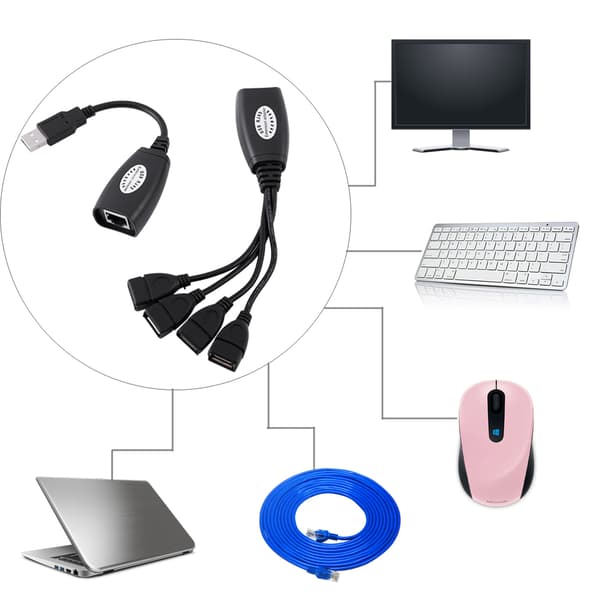 4 porte USB 2.0 til RJ45 Hub Ethernet forlænger netværksadapterkabel