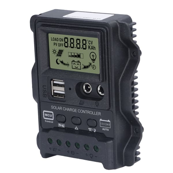 Solpanel PWM-controller 12V/24V 10A Dobbelt USB LCD-display ABS Lysstyring 130W/260W