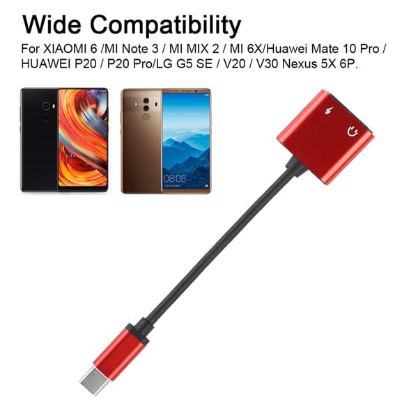 2 i 1 3,5 mm Type C Audio Adapter Konverter Audio Hovedtelefon Adapter (Rød)
