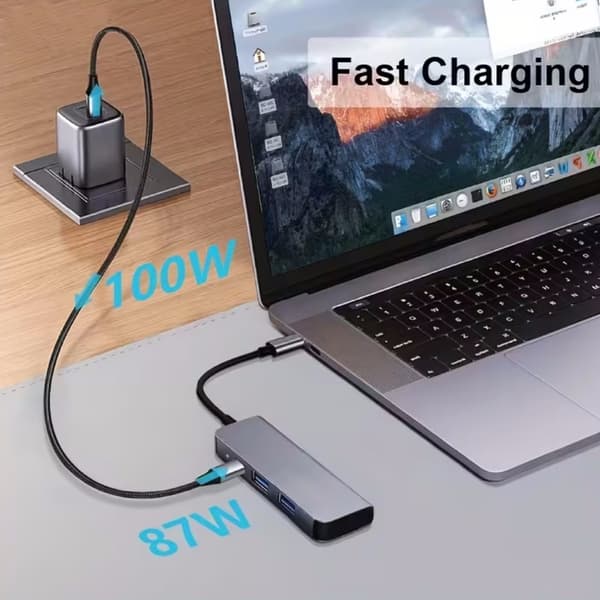 USB-C Hub 5-i-1 med PD Power Delivery, Multi-Port Adapter til telefoner, tablets og laptops