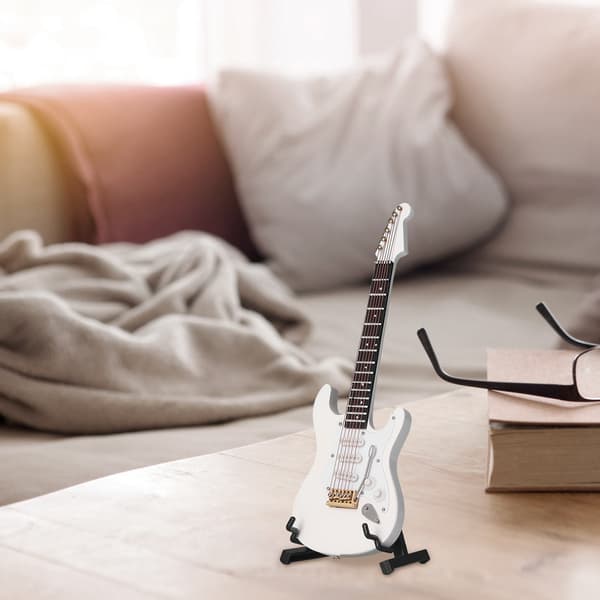 Mini elektrisk basgitarr modell vit med stativ för dockhus heminredning