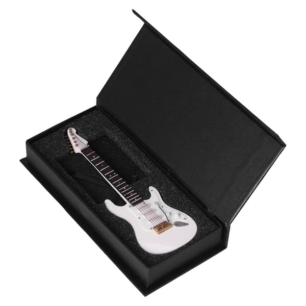 Mini elektrisk basgitarr modell vit med stativ för dockhus heminredning