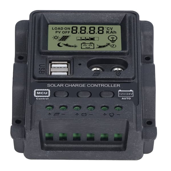 Solpanel PWM-controller 12V/24V 10A Dobbelt USB LCD-display ABS Lysstyring 130W/260W