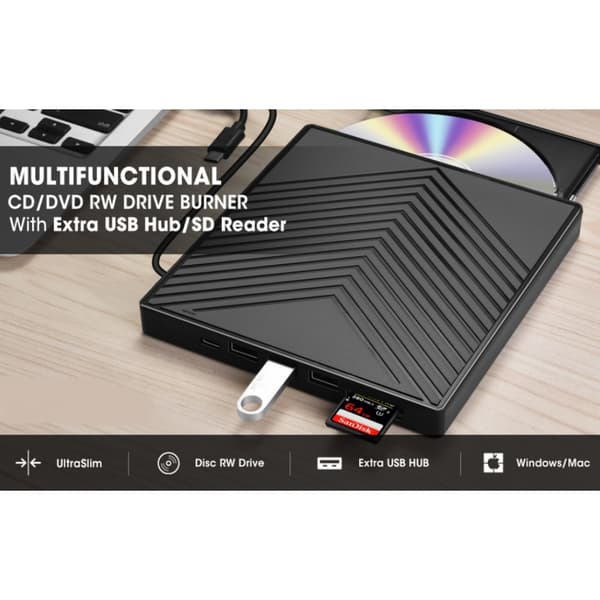 USB ekstern DVD-brænder, universelt optisk drev til bærbare computere, disk-læser, 4-ports USB-hub