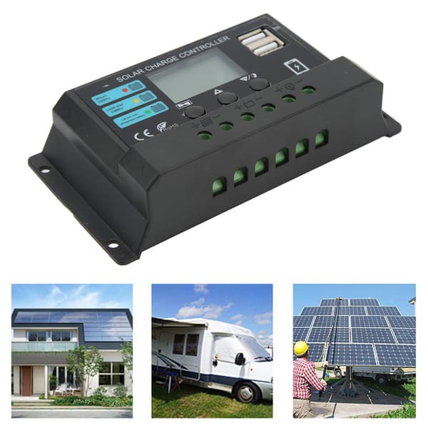 Solar ladecontroller 12V 24V Auto LCD-skærm PV Panel Regulator 10A Sort