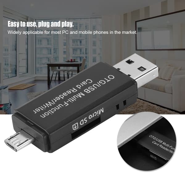 OTG USB Multifunktionskortlæser/-skriver til Micro SD SD TF PC og smarte mobiltelefoner (sort)
