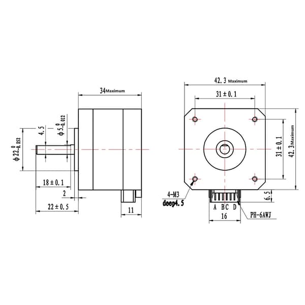 DC4.0V 1.2A 1.8° Nema 17 Bipolar Stepper Motor 320mN.m/45oz.in til 3D-printer 34mm højde
