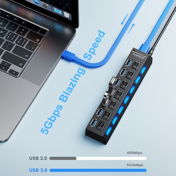 7-ports USB 3.0-hub med LED-afbryder og forlængerkabel til MacBook, Mac Pro, Mac Mini, iMac, Surface Pro, XPS, stationær pc