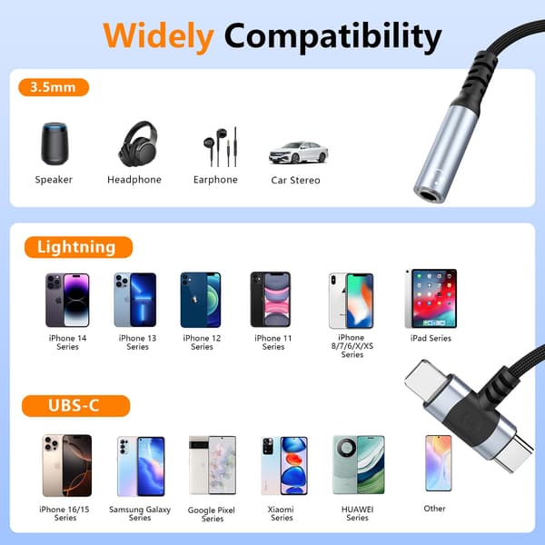2-i-1 Lightning & USB-C til 3,5 mm lydadapter, Aux-splitter til iPhone 16/15/14/13/12/11, iPad, Samsung, Sølv