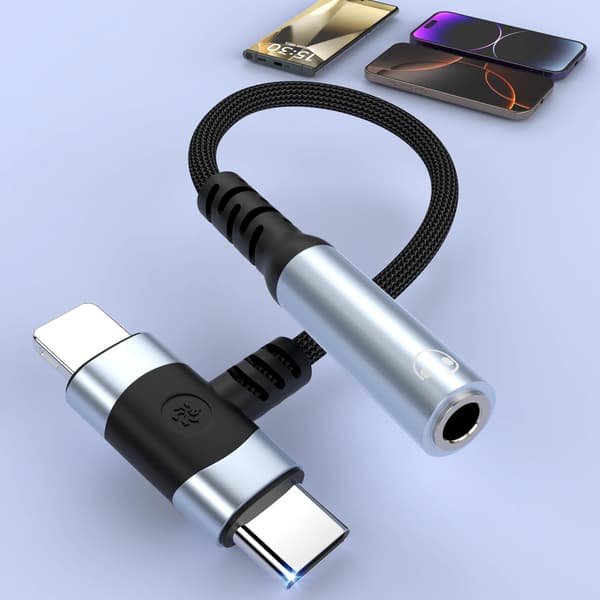2-i-1 Lightning & USB-C til 3,5 mm lydadapter, Aux-splitter til iPhone 16/15/14/13/12/11, iPad, Samsung, Sølv