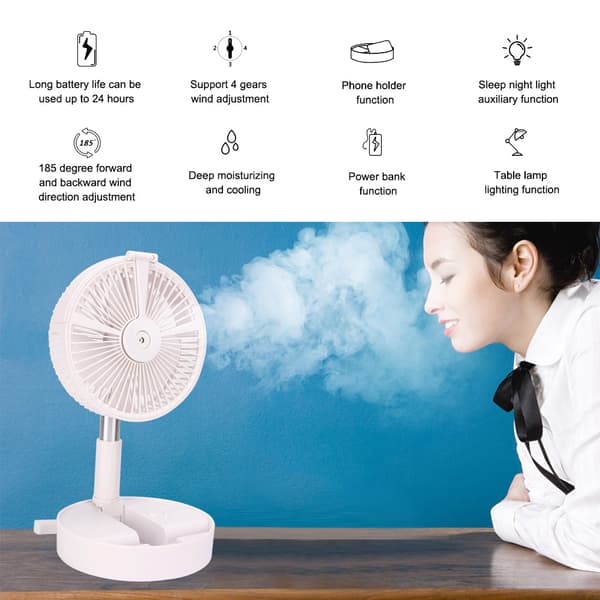 Bærbar Sammenfoldelig Teleskopisk Bordventilator, LED Forstøvende Hydreringsventilator, USB Genopladelig