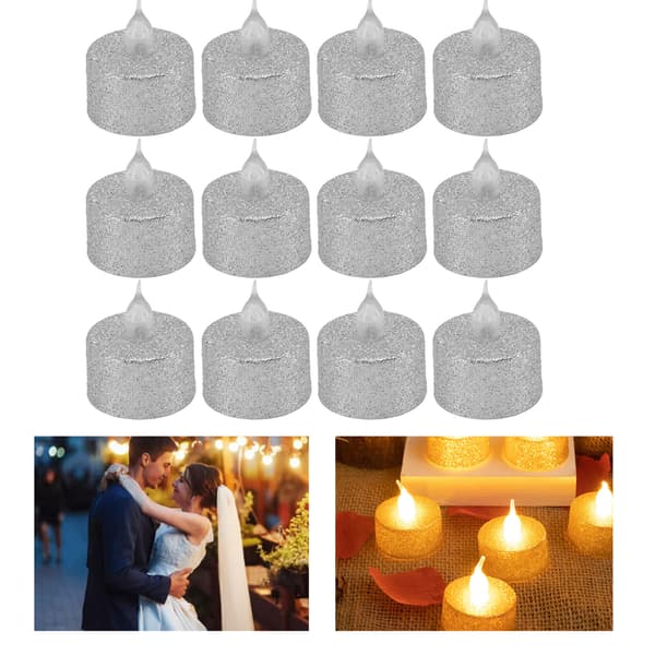 Flamlösa LED-värmeljus batteridrivna silver 12-pack för julbröllopsdekoration