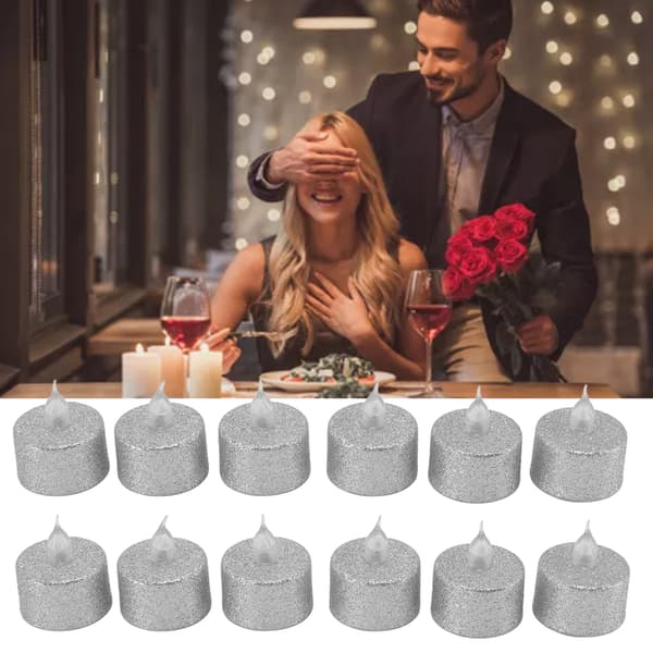 Flamlösa LED-värmeljus batteridrivna silver 12-pack för julbröllopsdekoration
