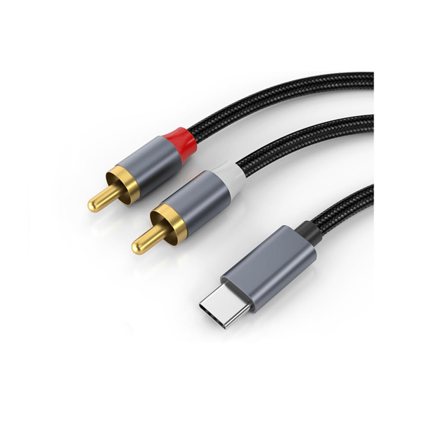 USB-C til dobbelt RCA stereo lydkabel 120 cm til smartphone, tablet, MP3, aluminiumslegering, 1x Type-C til RCA adapterkabel (grå)