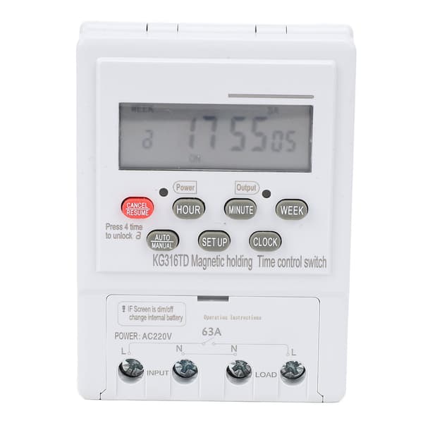 7-dages digital timerkontakt, programmerbar mikrocomputer tidsstyring til AC220V 63A apparater, DIN-skinne montering, hjemmeautomatisering