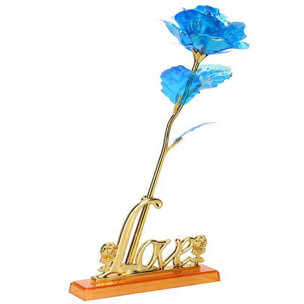Blå rosblomma i kärleksformad displayställ, lila förpackningslåda, transparent hantverkssamling