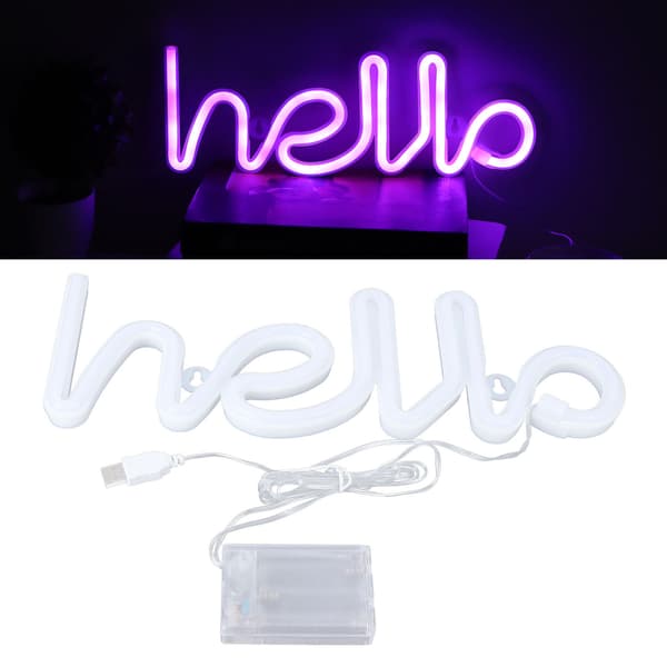 Lila LED Neonskylt \"Hello\" Bokstäver Väggdekor för Bröllopsfest USB Batteridriven
