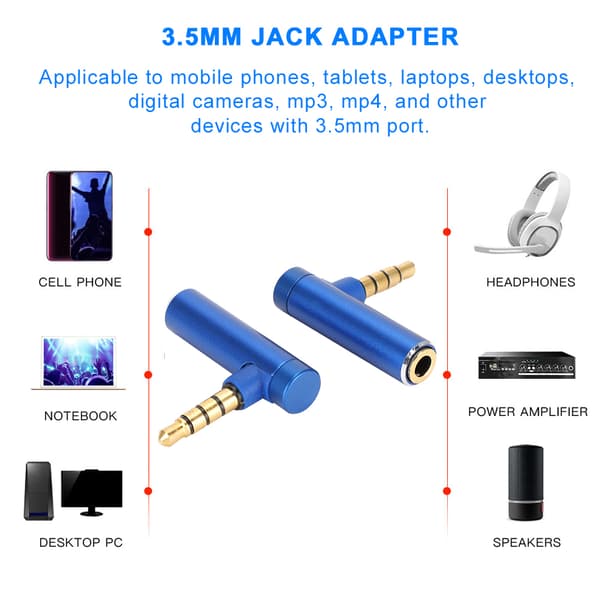 2 STK 3,5 mm han til hun lydadapter retvinklet stereo hovedtelefonkabelstik Blå