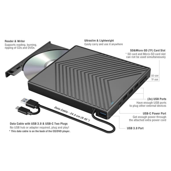 USB ekstern DVD-brænder, universelt optisk drev til bærbare computere, disk-læser, 4-ports USB-hub