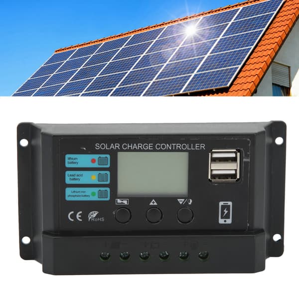 Solar ladecontroller 12V 24V Auto LCD-skærm PV Panel Regulator 10A Sort