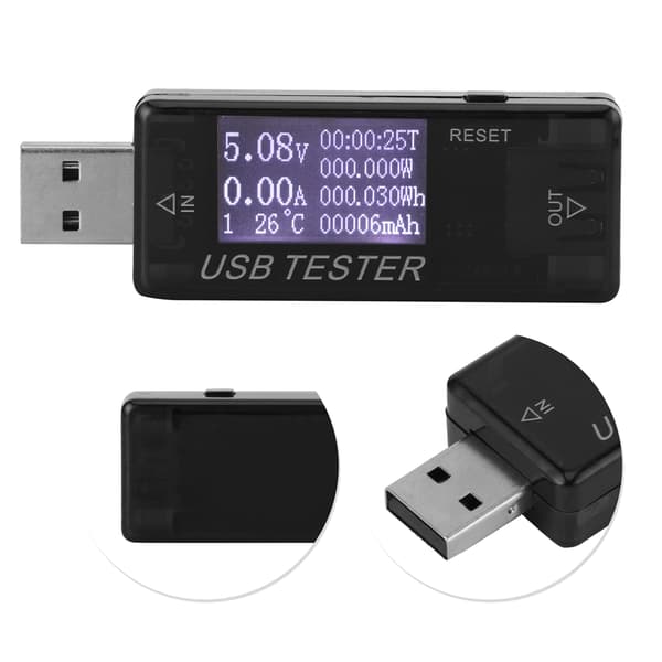 USB Digitalt Multimeter Voltmeter Ammeter 8-i-1 Tester, 0-5A 0-150W 4-30V, Sort