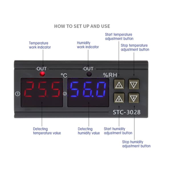 STC-3028 Digitalt Display Temperatur- og Fugtighedsregulator med Integreret Sensor (12V)