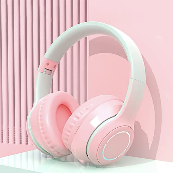 Bluetooth-hovedtelefoner med kraftig bas, støjreduktion, foldbar, gradientfarve, trådløst headset med lys til telefon og bærbar computer, pink