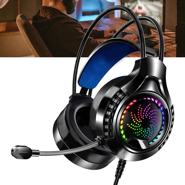 Kablet computerheadset 7.1 lydkanal Justerbart hovedbånd Bløde ørekopper Dobbelt 3,5 mm og USB RGB computer gaming hovedtelefoner
