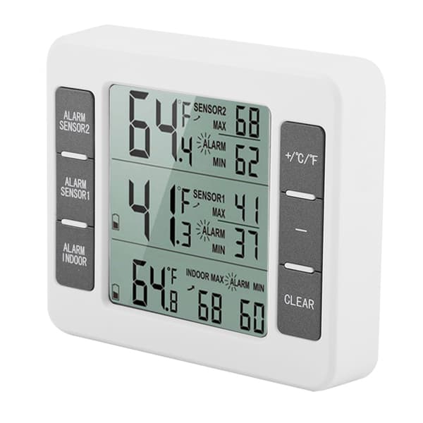 Digital trådlös kylskåpstermometer med hörbart larm, 2 sensorer, min/max-display