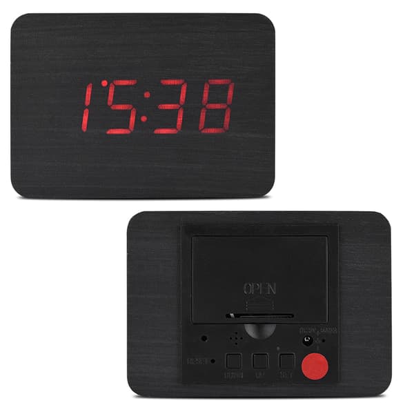 Træ Elektronisk Digital Vækkeur Temperatur LED Display Lydkontrol Sort
