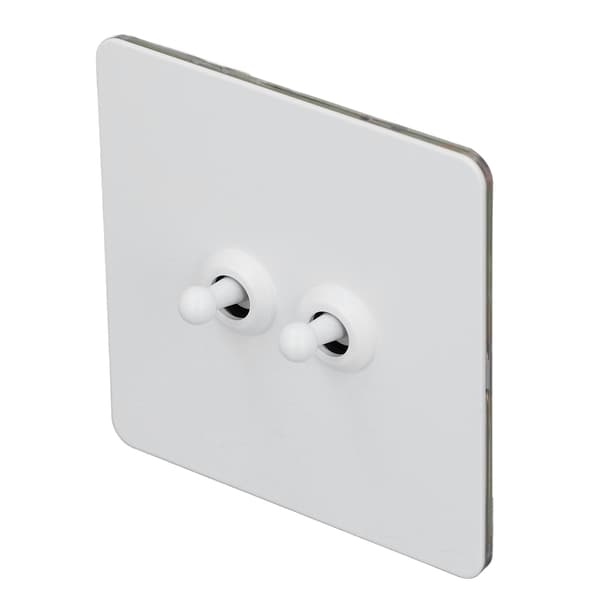 Minimalistisk vit 2-vägs vippströmbrytare, rostfri stålplatta, isolerad PC-bas, dubbelpolig, AC250V
