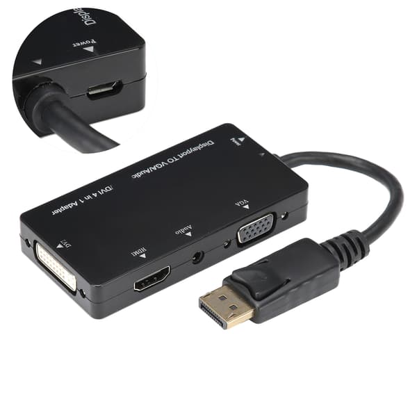 4-in-1-sovitinkaapeli Displayport–HDMI/VGA/DVI/äänimuunnin monitoiminen