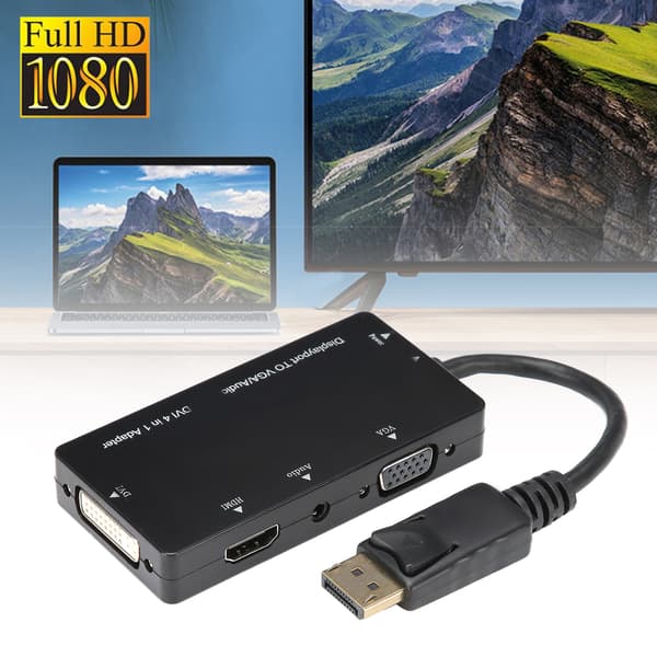4-in-1-sovitinkaapeli Displayport–HDMI/VGA/DVI/äänimuunnin monitoiminen