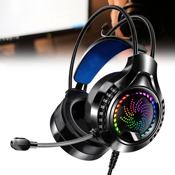 Kablet computerheadset 7.1 lydkanal Justerbart hovedbånd Bløde ørekopper Dobbelt 3,5 mm og USB RGB computer gaming hovedtelefoner