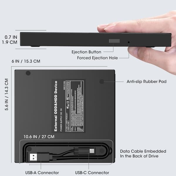 USB ekstern DVD-brænder, universelt optisk drev til bærbare computere, disk-læser, 4-ports USB-hub