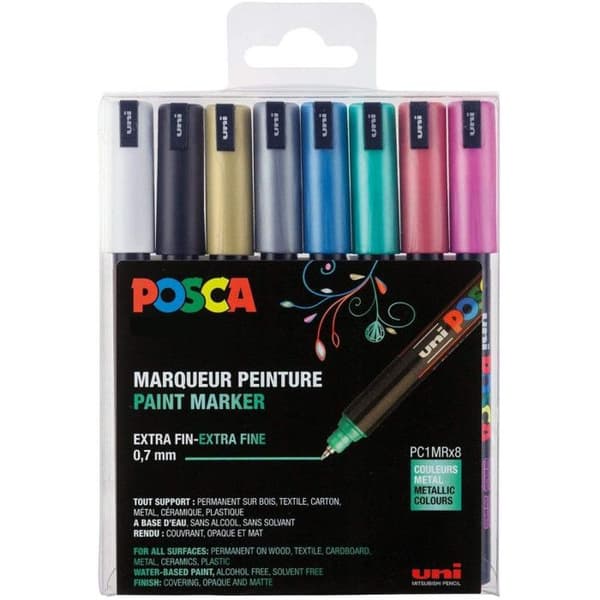 Markörer - POSCA - PC1MR - Extra Fin Spets - Metalliska Färger - Set om 8