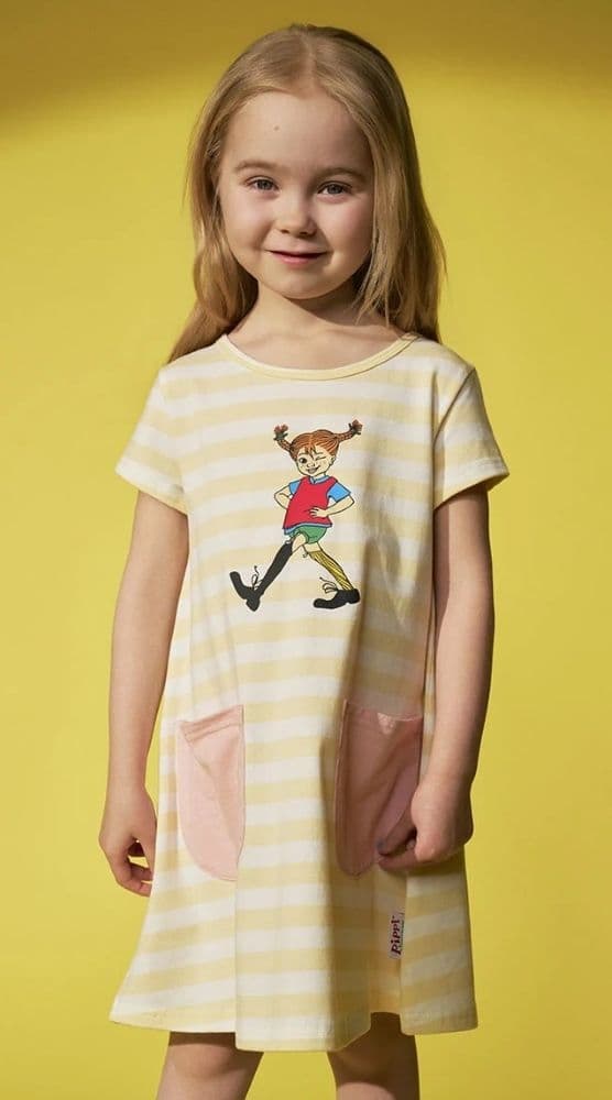 Pippi Långstrump Munter Pippi-klänning gul/vit