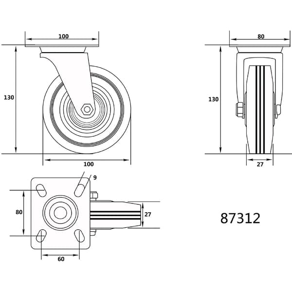 Svingbart hjul med sort gummi 100MM