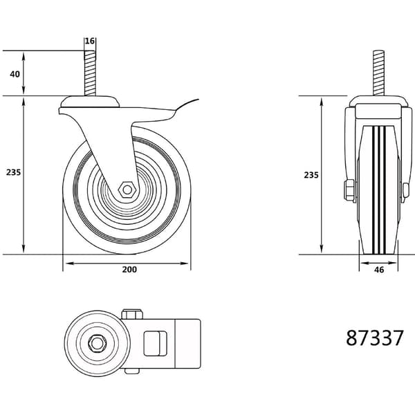Styrhjul 200MM gevind med låsbarning sort gummi