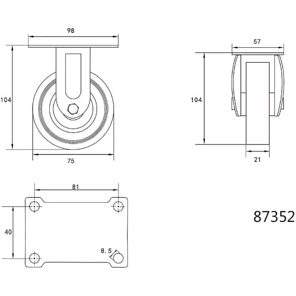 Kiinteä pyörä harmaalla kumilla 75 mm