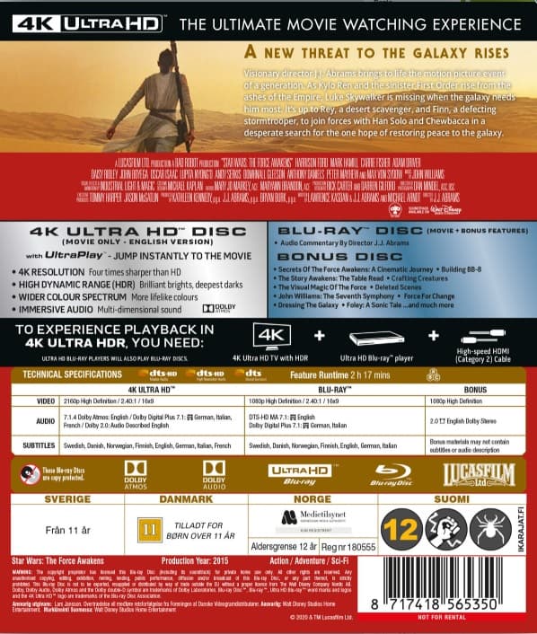 Star Wars The Force Awakens 4K UHD + 2-Disc Blu Ray