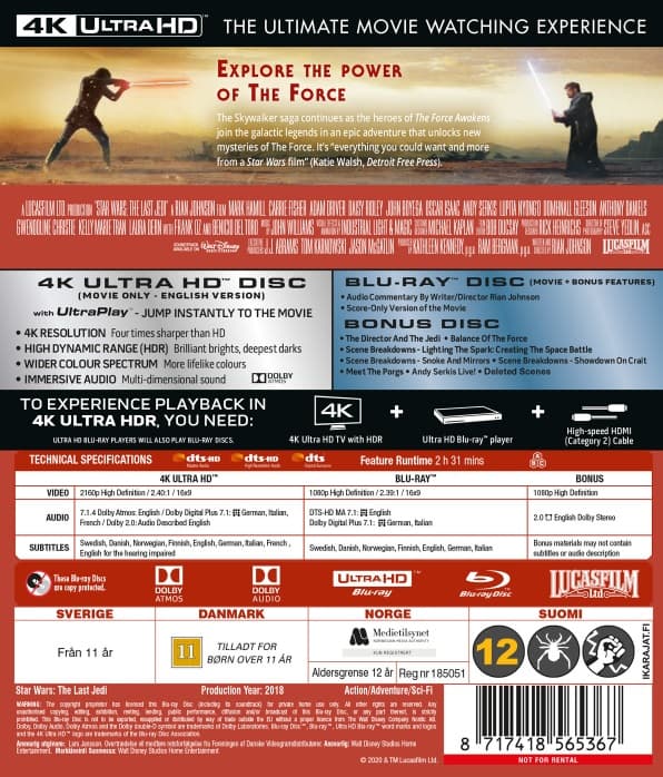 Star Wars The Last Jedi 4K UHD + 2-Disc Blu Ray