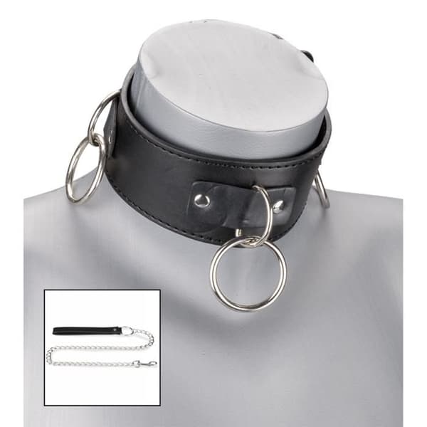 Läderhalsband BDSM 3 ringar + koppel - Svart